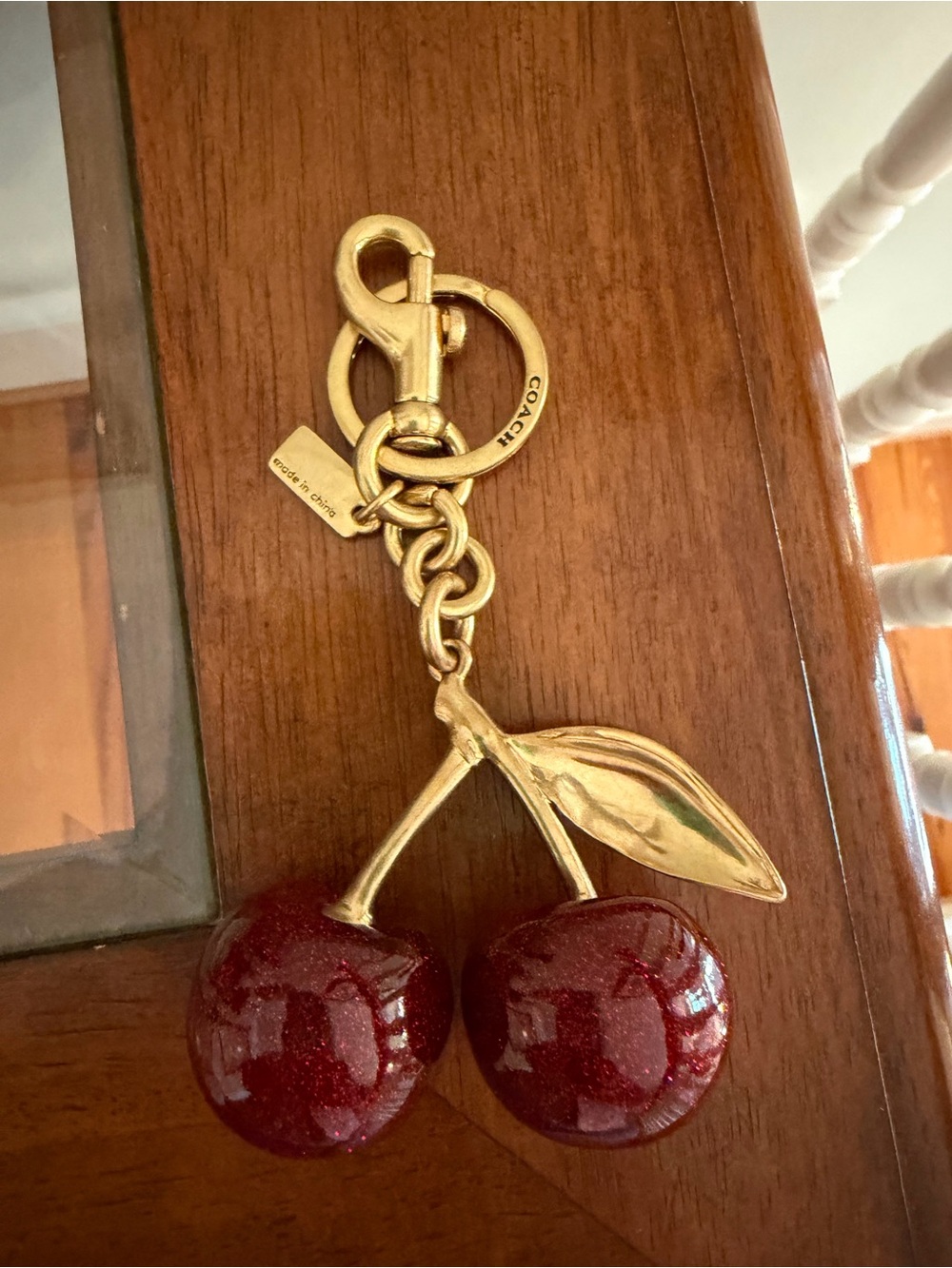 Coach Gold-Tone Cherry Bag Charm with Deep Red Cherries Glitter Y2K
